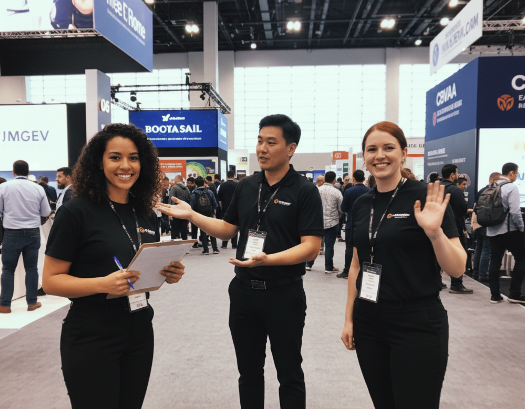 Three brand ambassadors in black uniforms welcoming visitors on a busy trade exhibition floor