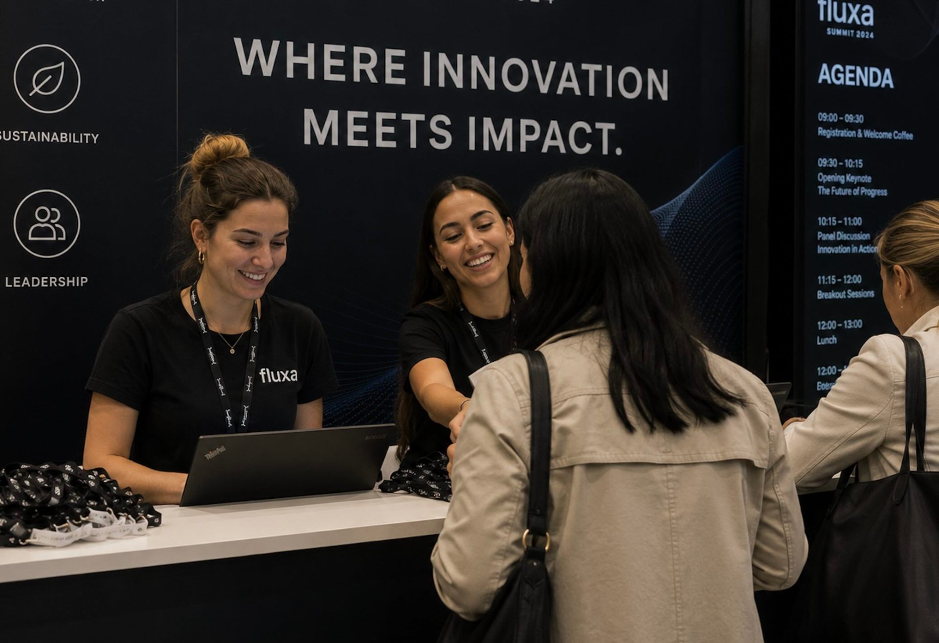 Two event hostesses smiling and welcoming a guest at a sleek corporate summit registration desk