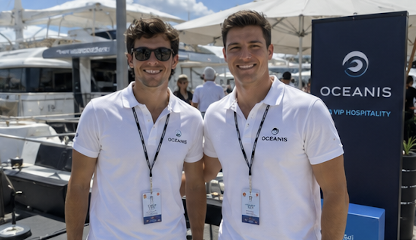 Two male event hosts in white branded polos smiling beside a marina hospitality sign