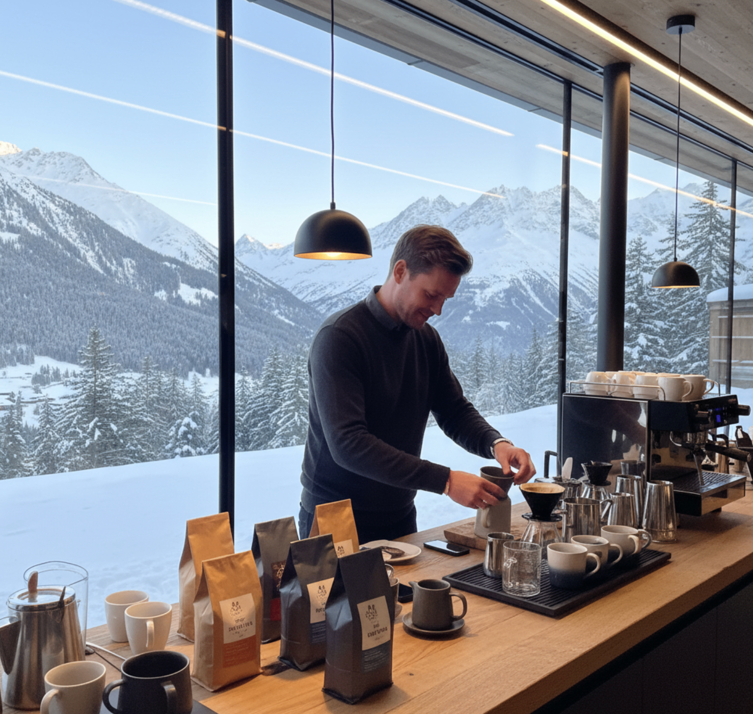 Barista preparing coffee for guests in a mountain venue with panoramic snowy views