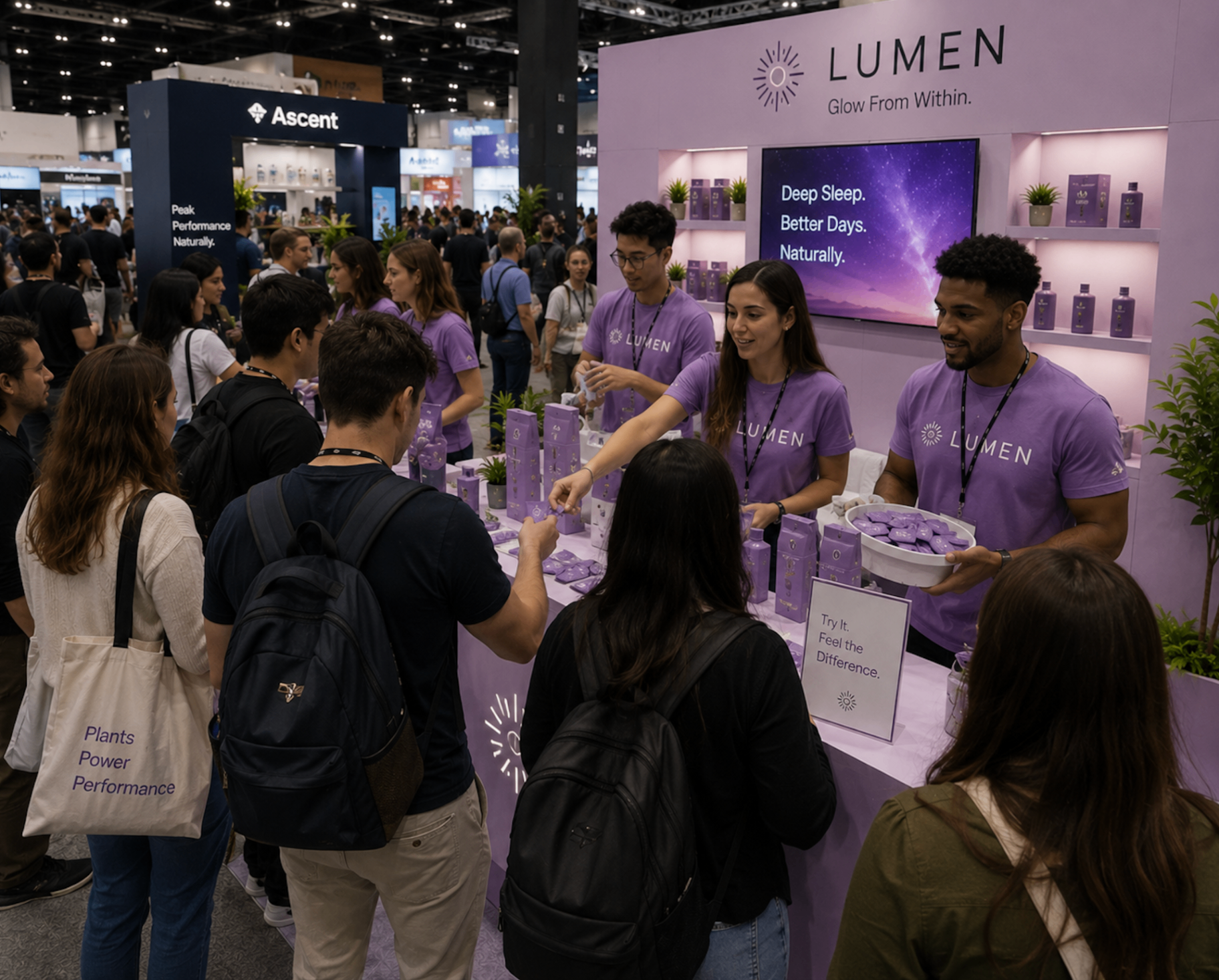 Promotional staff in lilac branded t-shirts handing samples to guests at a busy expo activation