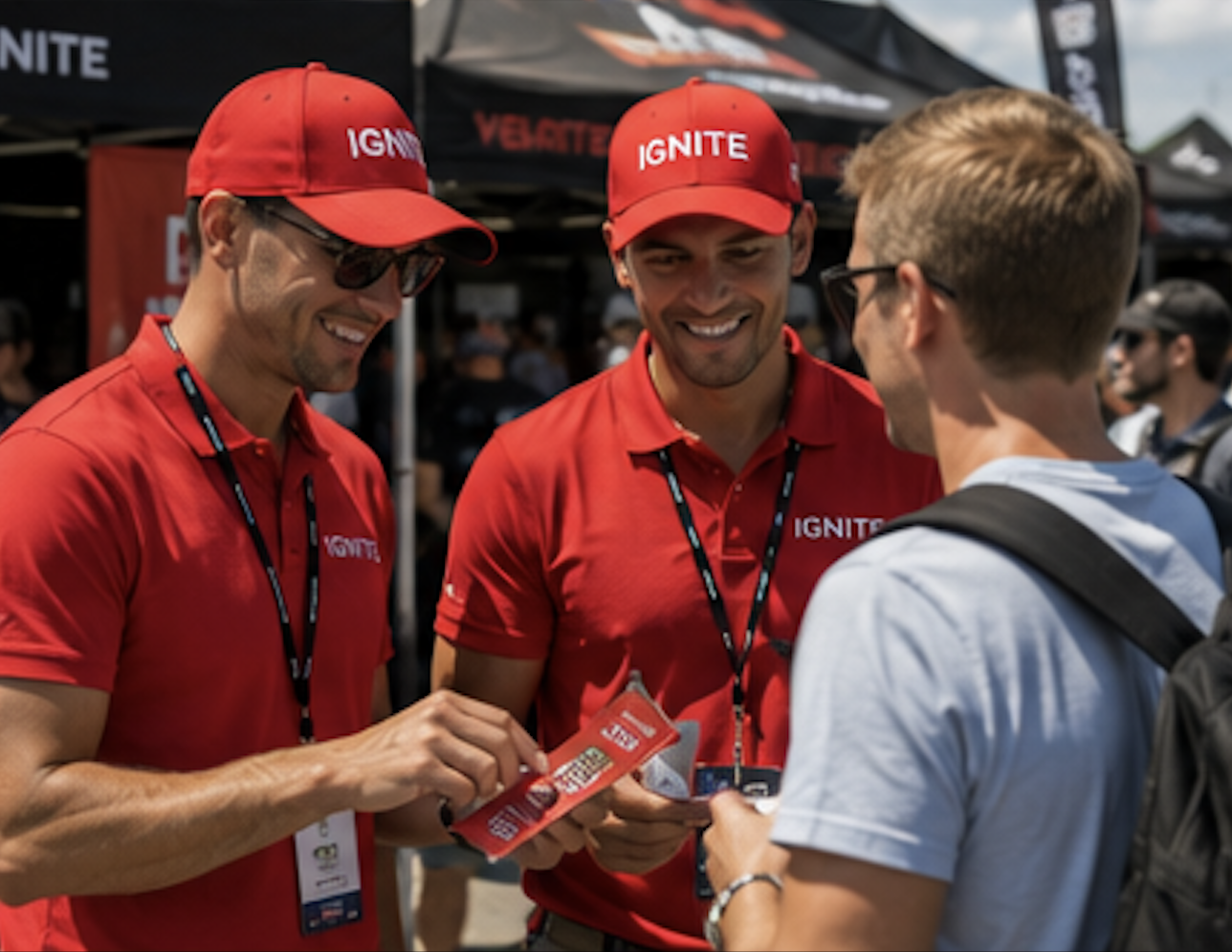 Two promotional staff in red branded caps and polos handing materials to a visitor at an outdoor booth