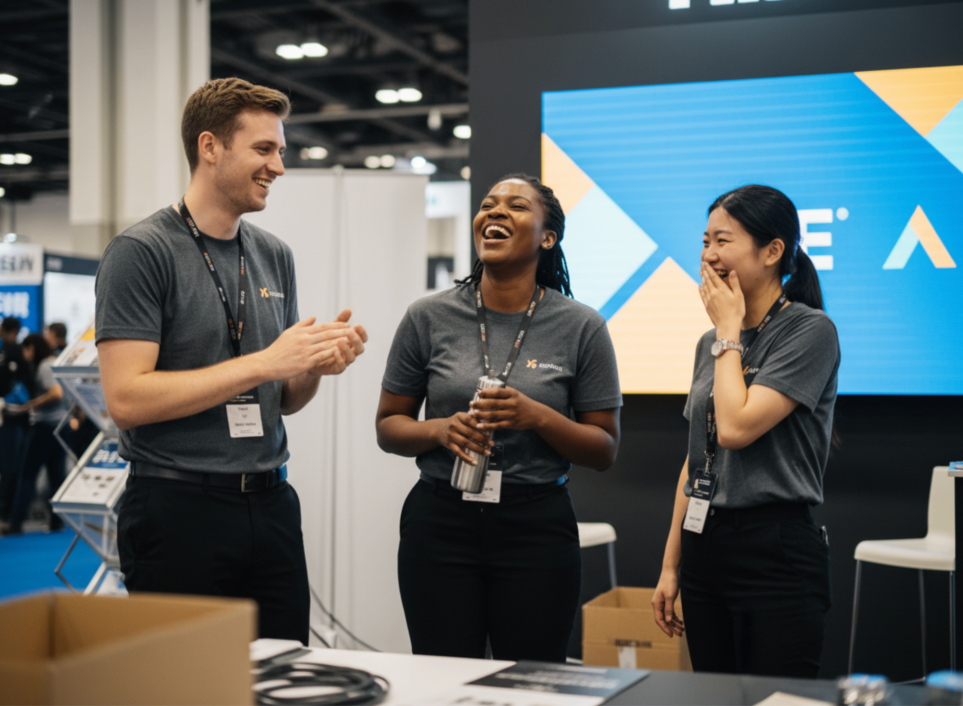 Three brand ambassadors in grey branded T-shirts laughing together at a busy expo stand