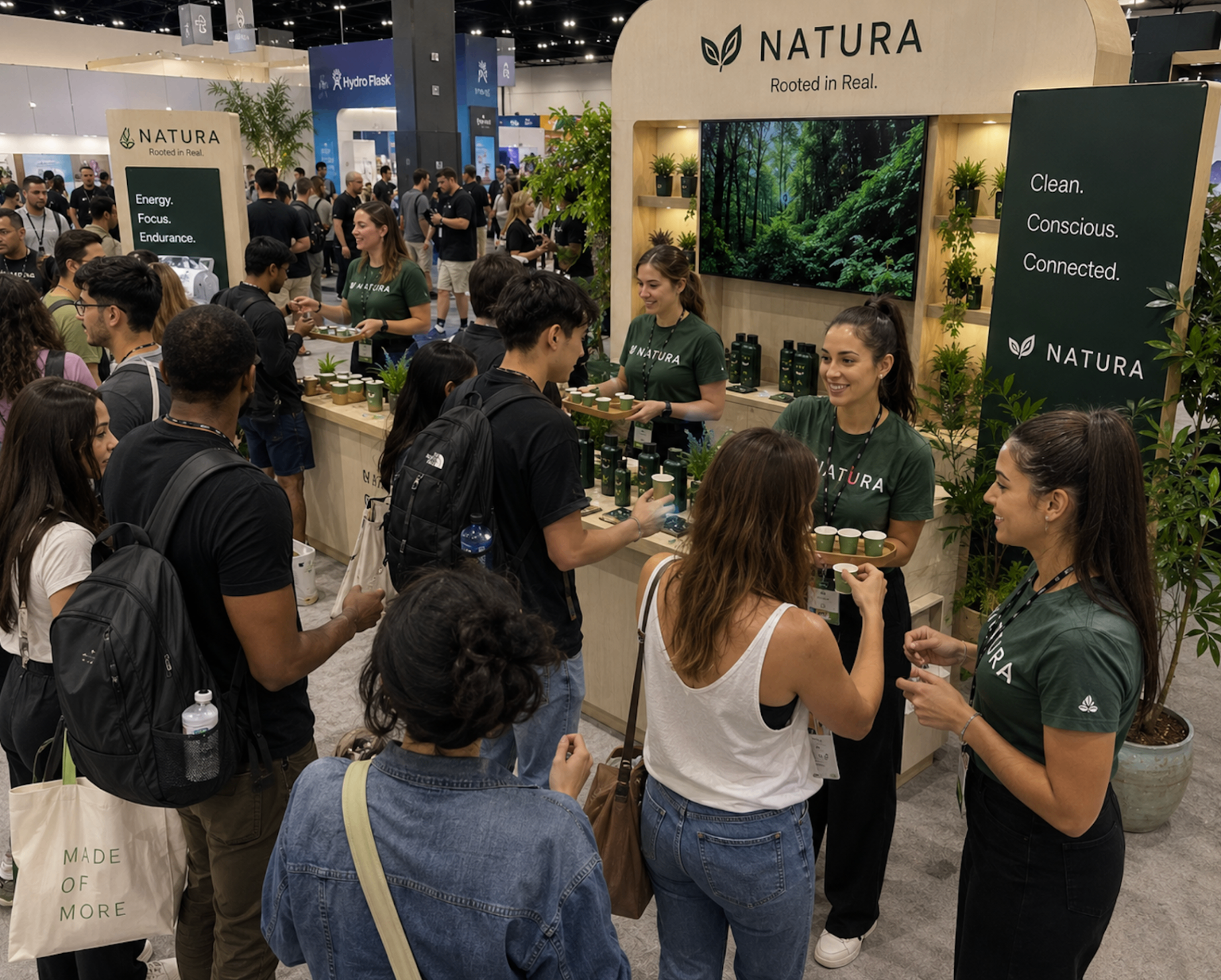 Product sampling team in green branded t-shirts serving drinks to guests at a busy expo stand