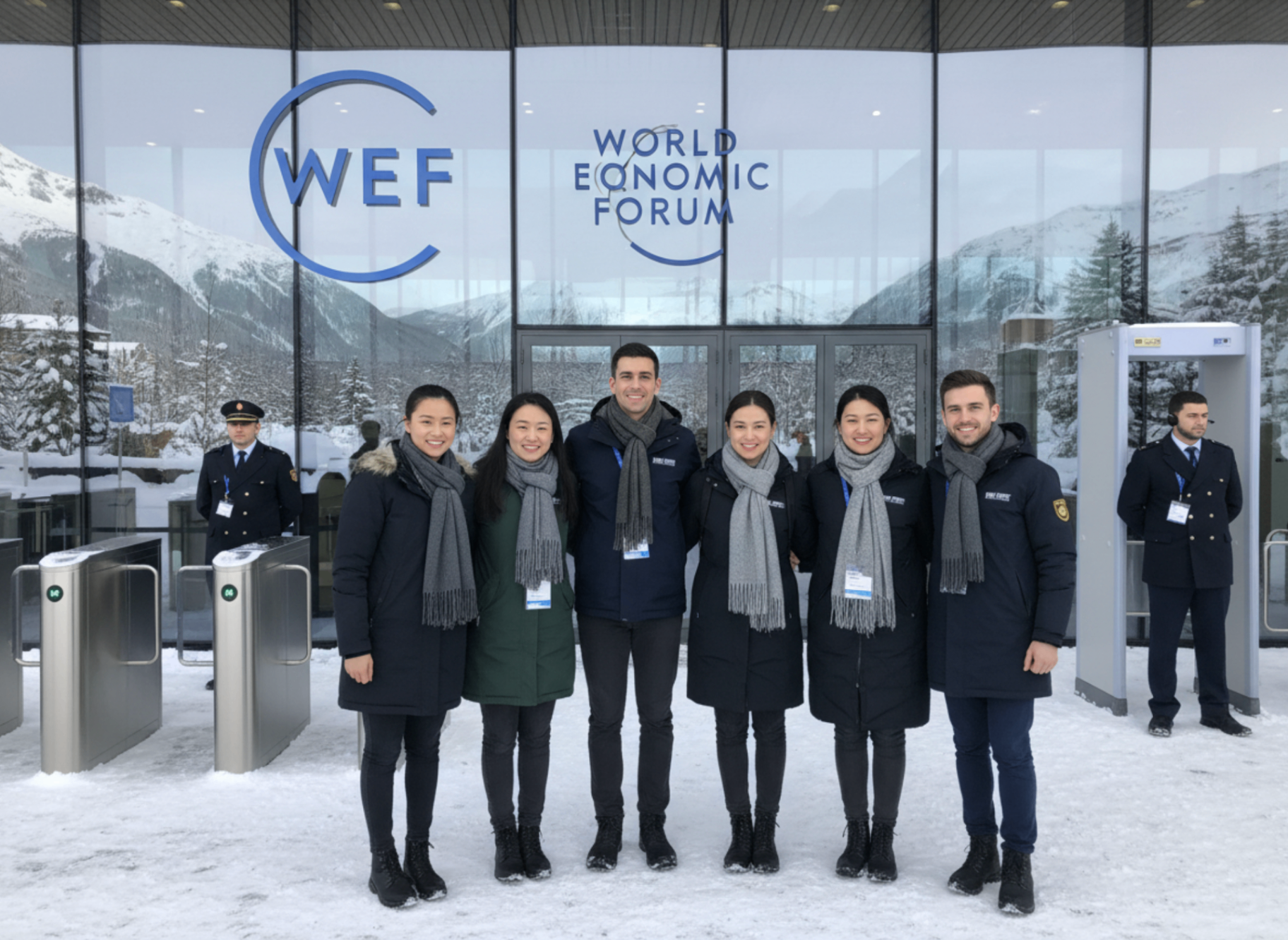 PRISM hospitality team in branded winter coats and scarves outside a World Economic Forum venue in Davos