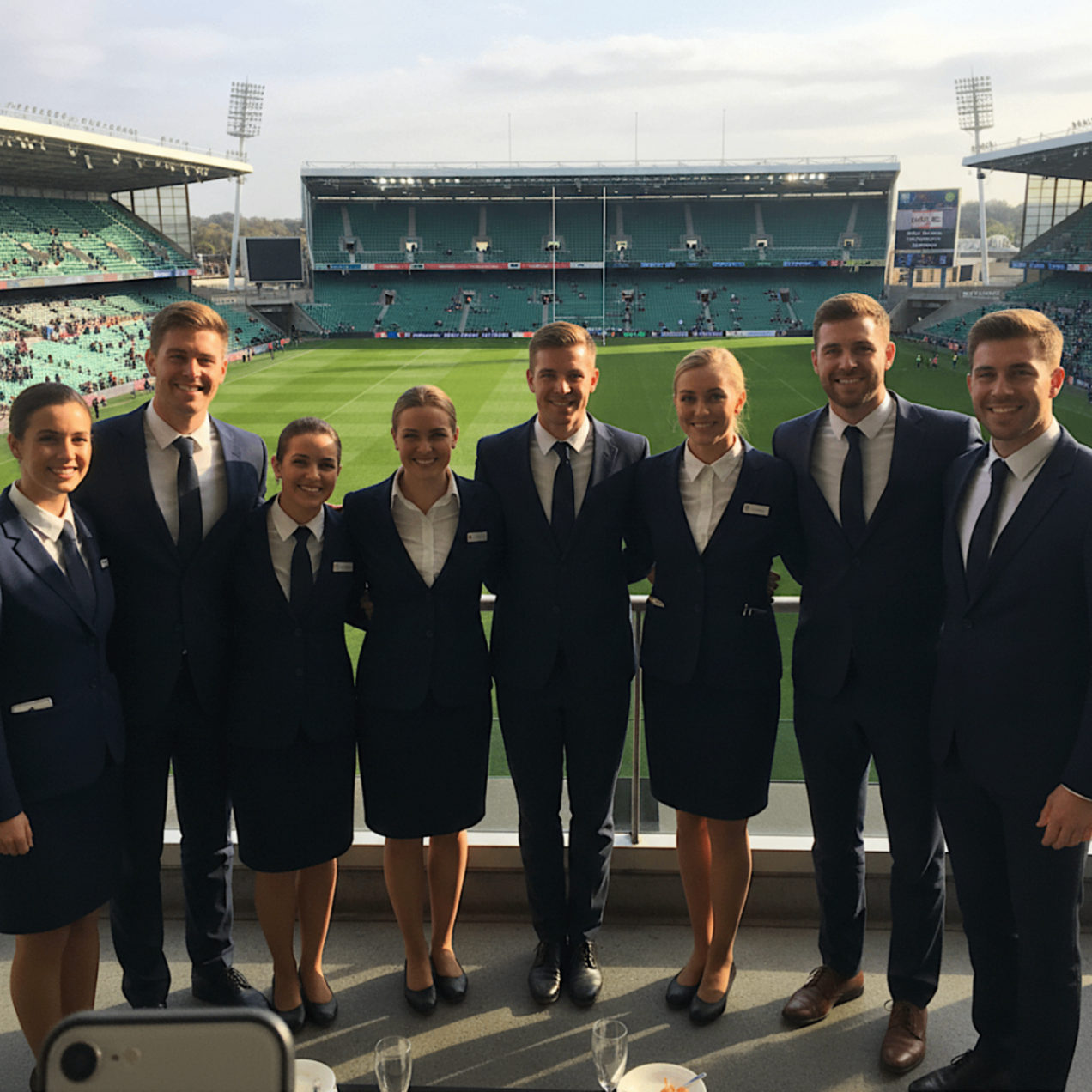 A hospitality team posed inside a stadium overlooking the pitch