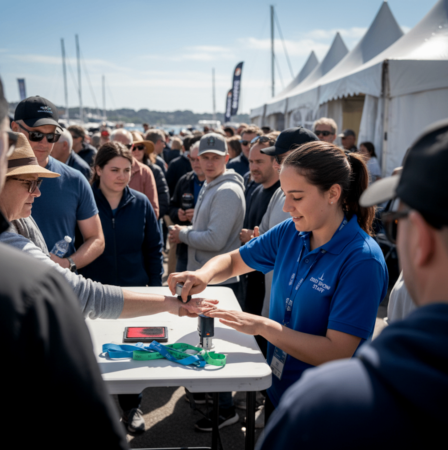 Event check-in interaction between staff and guests at a busy venue