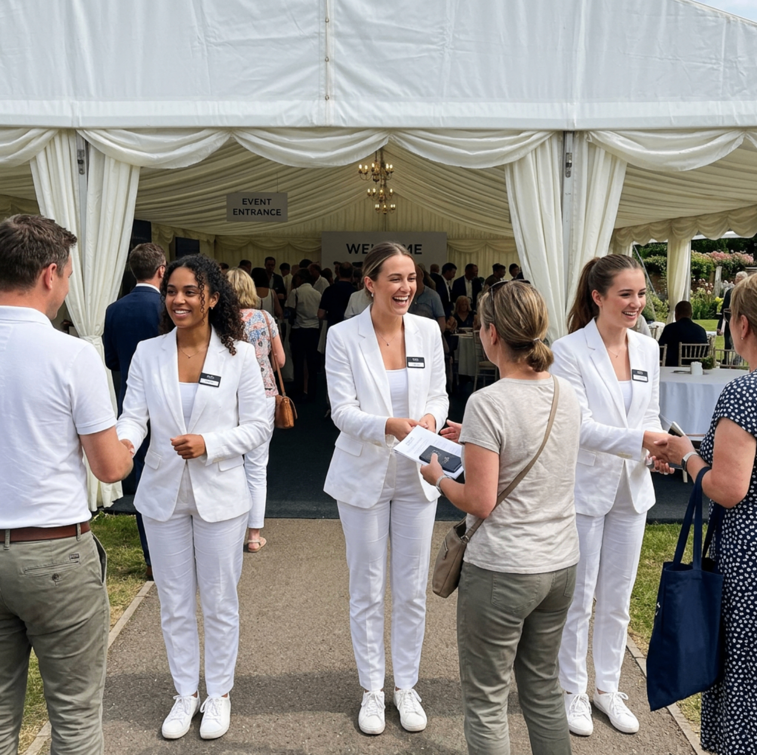 Hostesses in white suits welcoming guests at a summer expo marquee entrance