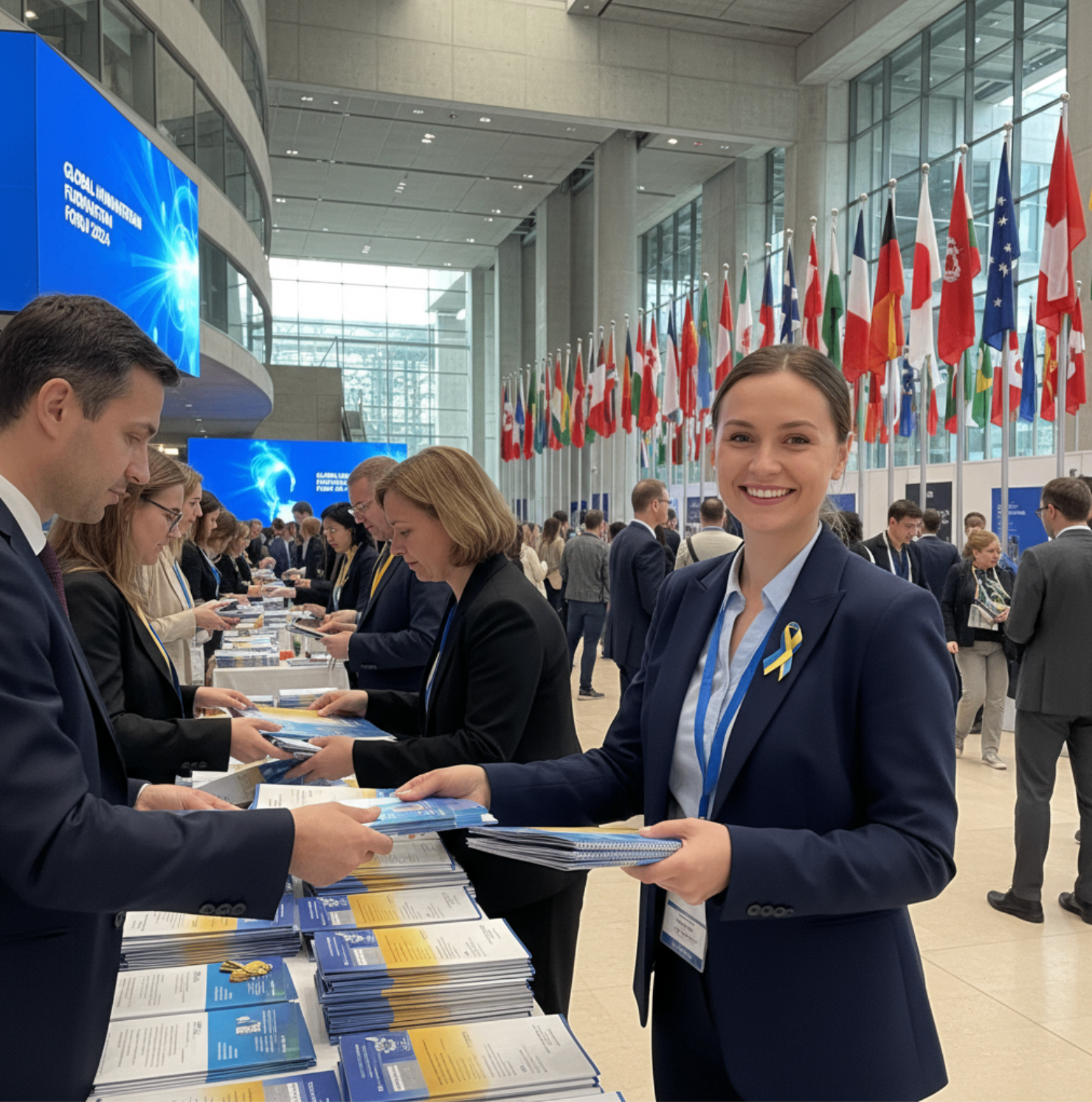Conference hostess in a navy suit handing programmes to delegates in a large international forum venue